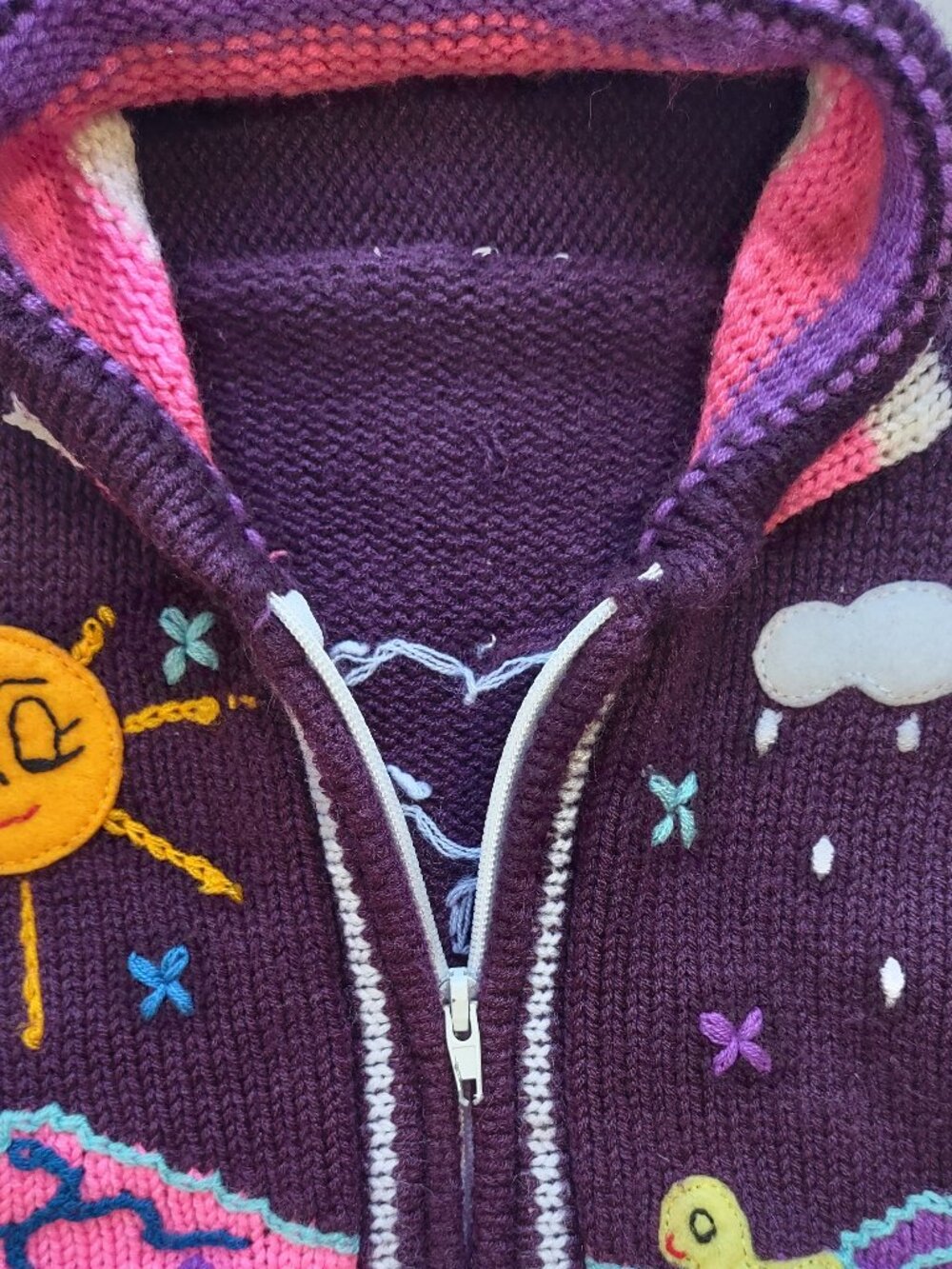 Peruvian Cardigan Sweater Kid Size 2T Full Zip Hood Pockets Purple & Pink - Picture 6 of 8